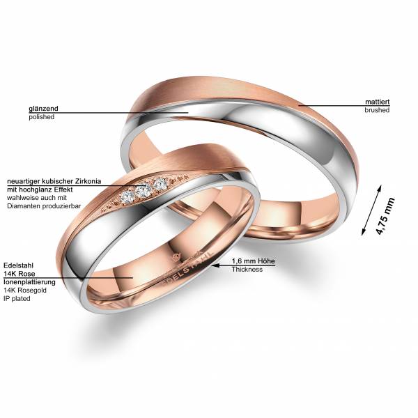 2 Trauringe / Eheringe Edelstahl - Modell ES-35