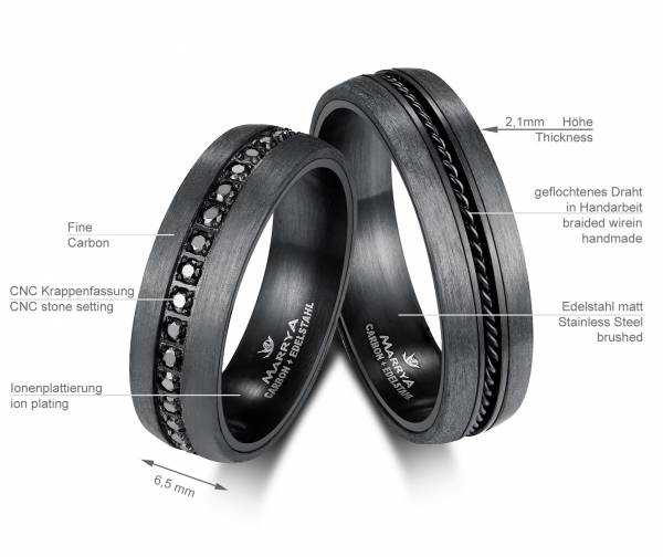 2 Trauringe / Eheringe Edelstahl Carbon - Modell CA-01